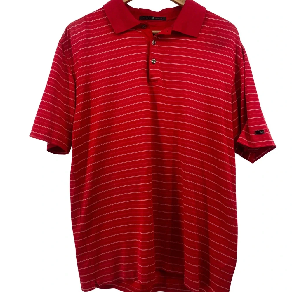 Nike Tiger Woods Collection Red‎ Striped Dri-FIT Golf Polo Shirt Mens Medium